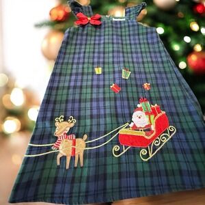 Girls Christmas Jumper Dress Plaid Santa Sleigh Reindeer Embroidered Size 6